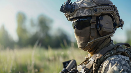 Soldier Preparing for Tactical Operations in a Grassy Field During Daylight Hours in a Natural Setting. Generative AIの素材