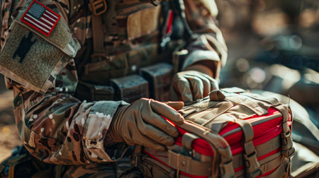 Soldier Prepares Medical Supplies While on Duty in a Field Environment During Early Morning Hours. Generative AIの素材