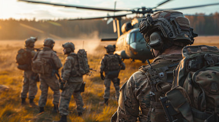 Military Personnel Prepare for a Mission as a Helicopter Arrives in an Open Field During Sunset Near a Wooded Area. Generative AIの素材