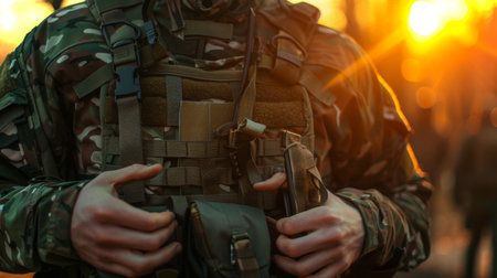 Soldier Adjusts Gear at Sunset During Training Exercise in a Forest Setting Emphasizing Resilience and Teamwork Among Troops. Generative AIの素材