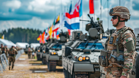 Military Personnel Stand Guard Alongside Armored Vehicles at an International Defense Exhibition With Flags From Various Nations Displayed in the Background. Generative AIの素材