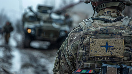 Soldiers in Tactical Gear Navigate a Muddy Terrain During a Military Operation in a Conflict Zone at Dusk. Generative AIの素材