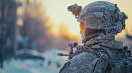 Soldier in Winter Gear Observing Surroundings During Sunset in a Snowy Urban Environment While Holding a Firearm. Generative AIの素材