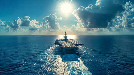 Aircraft Carrier Navigates Through Calm Ocean Waters Under a Bright Sun With Clouds Scattered in the Sky. Generative AIの素材