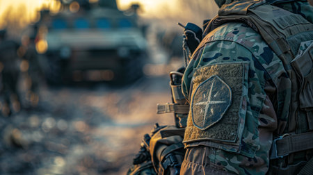 Military Personnel in Camouflage Uniform Engaged in Operations During Golden Hour in a Conflict Zone. Generative AIの素材
