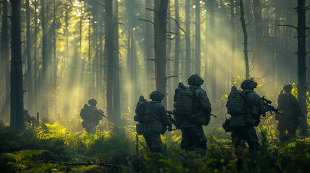 Soldiers Navigate Through a Dense Forest With Beams of Sunlight Piercing Through the Trees During a Training Exercise at Dawn. Generative AIの素材