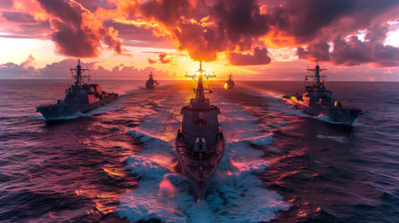 Naval Fleet Maneuvers Under a Vibrant Sunset at Sea Showcasing Military Strength and Coordination During a Joint Exercise. Generative AIの素材