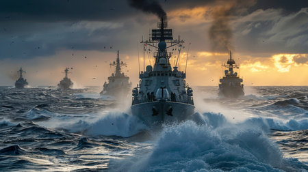 Naval Fleet Maneuvers Through Turbulent Waters During a Dramatic Sunset Showcasing Military Might and Resilience. Generative AIの素材