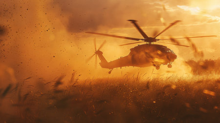 Helicopter Flying Through Smoke and Dust During a Dramatic Sunset at a Rural Location. Generative AIの素材