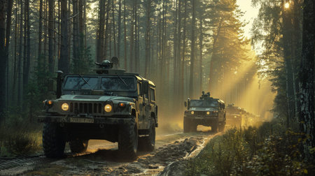 Military Vehicles Drive Through a Sunlit Forest Path During a Training Exercise on a Cool Morning. Generative AIの素材