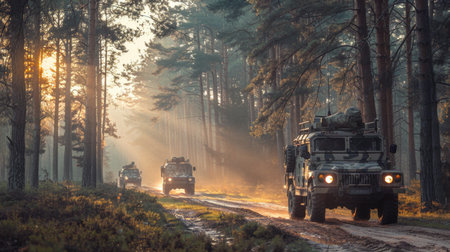 Militray Vehicles Travel Through a Sunlit Forest on a Dirt Road During Early Morning Hours, Creating a Serene yet Powerful Atmosphere in the Wilderness. Generative AIの素材