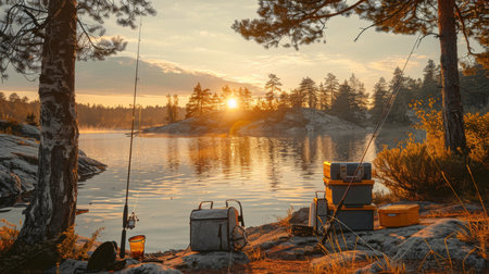 Enjoying a Tranquil Fishing Experience at Sunrise by the Serene Lake Surrounded by Lush Trees and Rocky Shores. Generative AIの素材