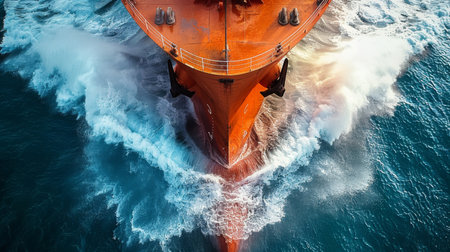 A Majestic Ship Sails Through the Vast Ocean, Skillfully Navigating the Rolling Waves While Generating a Striking Bow Wave at Sunset. Created With Generative AIの素材