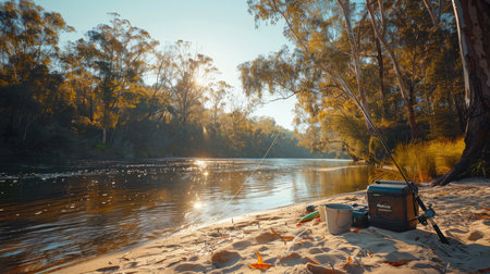 Peaceful Riverside Fishing at Sunrise in a Tranquil Australian Natural Setting With Lush Trees and a Sandy Shore. Generative AIの素材
