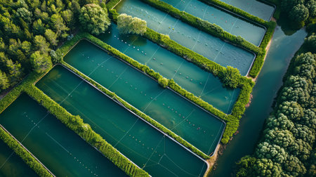 Lush Green Fish Farming Ponds Surrounded by Dense Forest in Early Morning Light Showing Intricate Network of Aquaculture Systems. Generative AIの素材