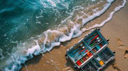 Fishing Tackle Box Resting on Sandy Beach With Gentle Waves Lapping at the Shore During Sunny Day. Generative AIの素材