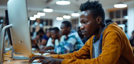 Young Individuals Engaged in Focused Computer Work at a Technology Hub During Evening Hours in a Collaborative Environment. Generative AIの素材