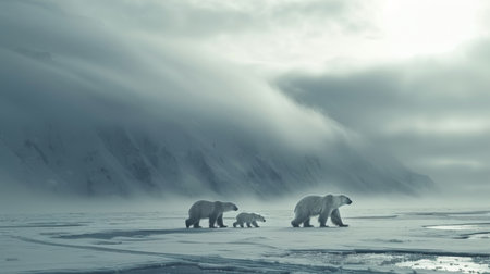 Three Polar Bears Walk Across a Snowy Landscape Under a Cloudy Sky in the Arctic During the Late Afternoon Hours. Generative AIの素材