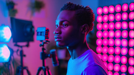 Young Man Focused on Creative Filming Setup With Colorful Lighting at a Modern Indoor Studio During Evening Hours. Generative AIの素材