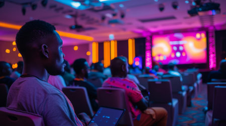 Engaging Audience at a Technology Conference in a Modern Venue During an Evening Event Featuring Vibrant Lighting and Engaging Presentations. Generative AIの素材