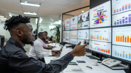 Business Professionals Analyzing Data in a Modern Office Environment With Multiple Screens Displaying Charts and Statistics. Generative AIの素材