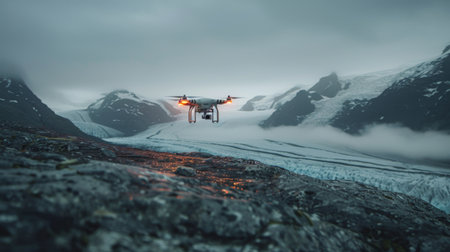 Drone Captures Breathtaking Views of Glacier Landscape in Iceland During Overcast Conditions. Generative AIの素材