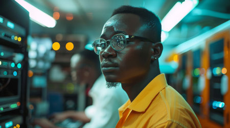 Focused Young Man in Glasses Working in a Technology Hub at Night Surrounded by Servers and Equipment. Generative AIの素材