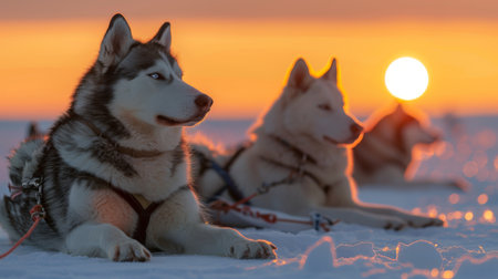 A Pair of Siberian Huskies Relaxing Peacefully on a Blanket of Snow as the Sun Sets Over a Stunning Winter Landscape, Created With Generative AIの素材