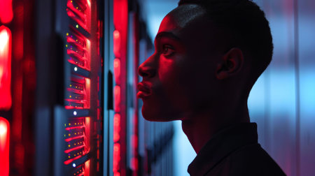 Young Individual Stands in Front of Server Racks Illuminated by Red Lights in a Data Center During Evening Hours Focusing on Technology. Generative AIの素材