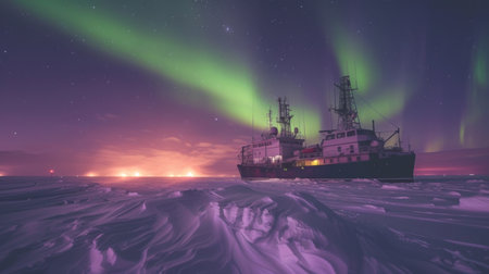 Majestic Northern Lights Illuminate a Research Vessel Amid Icy Waters in the Arctic During Nighttime. Generative AIの素材