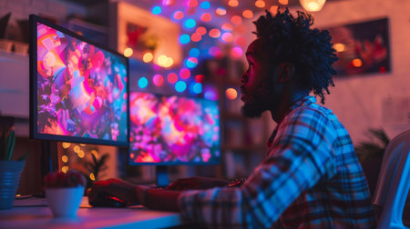 Creative Individual Engaging With Multiple Monitors in a Vibrant Workspace Filled With Colorful Lights During Evening Hours. Generative AIの素材