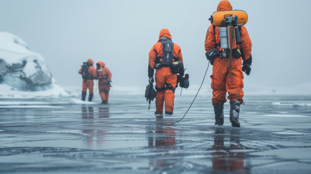 Team of Scientists in Orange Suits Exploring Icy Terrain While Conducting Research in a Remote Polar Region During Early Morning Hours. Generative AIの素材