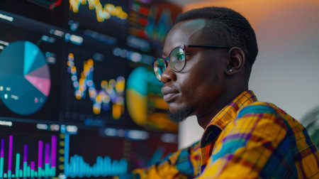 In a Contemporary Workspace Bathed in the Warm Hues of Dusk, Dynamic Color Rich Graphs and Charts Vividly Illustrate Data Analysis Powered by Generative AIの素材