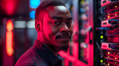 Young Man Standing Confidently by Server Racks in a Dimly Lit Data Center During Evening Hours. Generative AIの素材