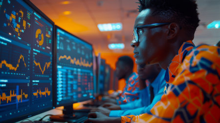 Young Professionals Engaged in Data Analysis and Financial Forecasting in a Modern Office Environment During Evening Hours. Generative AIの素材