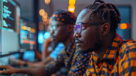 Tech Enthusiasts Engaged in Coding and Collaboration at a Modern Co Working Space During Evening Hours in a Vibrant Urban Setting. Generative AIの素材