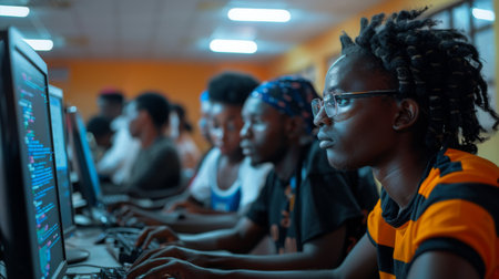 Group of Young Adults Engaged in Programming Activities at a Computer Lab During Evening Hours in a Vibrant Workspace Environment. Generative AIの素材