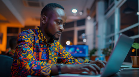 Young Man Working on Laptop in Colorful Attire at Modern Workspace During Evening Hours With Bright Ambient Lighting. Generative AIの素材