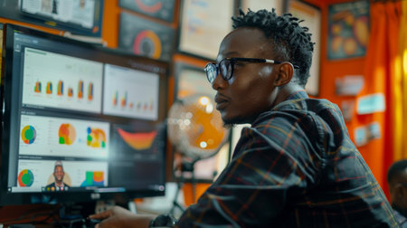 Young Professional Analyzes Data on a Computer With Colorful Charts in a Vibrant Office Setting During the Day. Generative AIの素材
