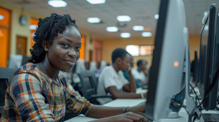 A Young Woman Actively Interacts With Her Computer in a Contemporary Classroom Environment, Illuminated by Natural Daylight. This Scene Showcases the Impact of Generative AI Technologyの素材
