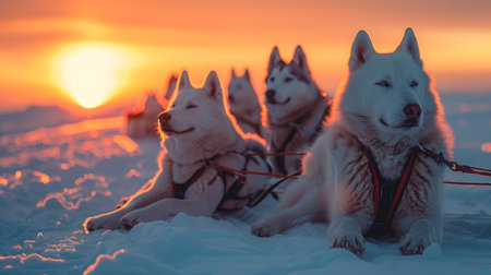 Sled Dogs Resting Peacefully on Snow During a Vibrant Sunset in a Winter Wonderland Landscape. Generative AIの素材