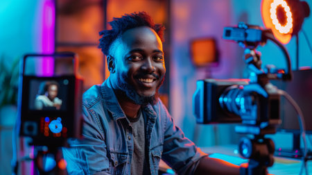 Creative Individual Working in a Studio, Capturing Content With Cameras and Lighting During Evening Hours Surrounded by Colorful Lighting Elements. Generative AIの素材
