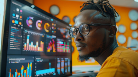 Skilled Data Analyst Reviews Complex Graphs and Data Visualizations in a Vibrant Office Setting in the Afternoon. Generative AIの素材