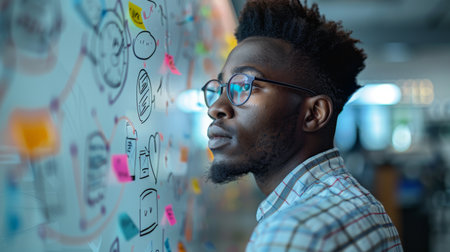 Creative Brainstorming Session With a Focused Individual Analyzing Ideas at a Modern Workspace With Colorful Sticky Notes. Generative AIの素材