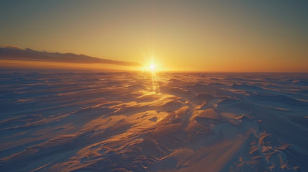 Expansive Snowy Landscape With Golden Sunrise Casting Warm Light Over Icy Plains and Distant Horizon During Early Morning in a Cold Region. Generative AIの素材