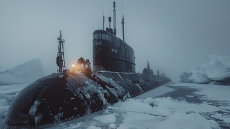 Submarine Navigating Icy Waters Near Arctic Region During Foggy Conditions While Crew Members Prepare for Exploration. Generative AIの素材