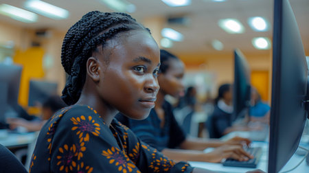 Young Woman Focused on Computer in Modern Workspace Surrounded by Classmates During a Technology Class. Generative AIの素材