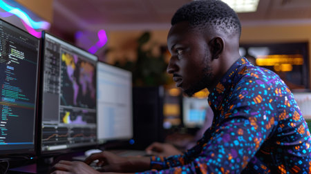 Focused Young Man Working on Code at a Modern Computer Workspace Late at Night With Colorful LED Lights Illuminating the Room. Generative AIの素材