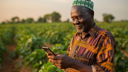 Farmer Engaging With Smartphone in Vibrant Green Field During Golden Hour, Reflecting on Agricultural Innovations in Rural Area. Generative AIの素材