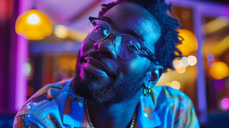 Portrait of a Stylish Young Man With Glasses Enjoying a Colorful Evening in a Vibrant Cafe With Ambient Lighting. Generative AIの素材